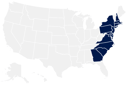 Map of the first 13 United States